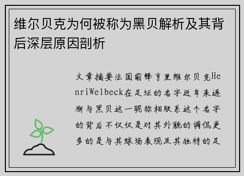 维尔贝克为何被称为黑贝解析及其背后深层原因剖析